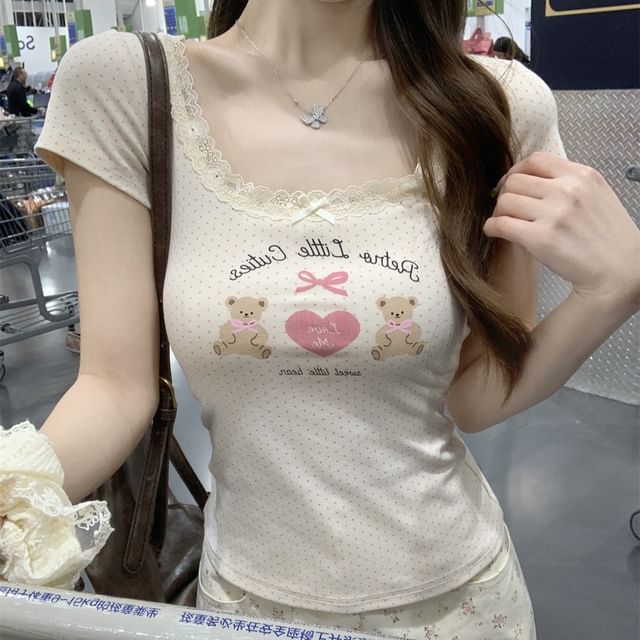 Tee Bear Fit Lace Crop Neck Slim Scoop Short-Sleeve Trim Print