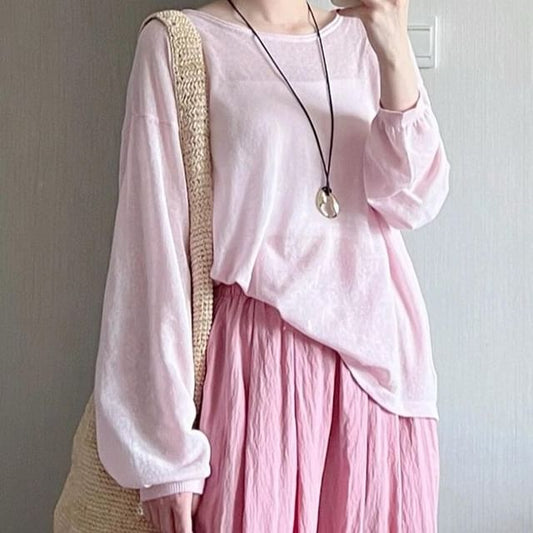 Plain Round Long-Sleeve Top Neck