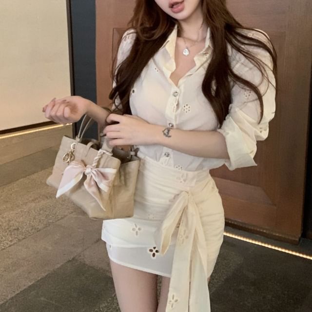 Pencil Mini High Long-Sleeve Rise Flower / Ruched Bow Shirt Skirt Embroidered
