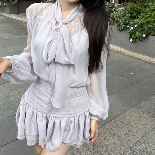 Puff-Sleeve A-Line Rise Blouse Tie-Neck Set Plain Cami / High Skirt Top Mini