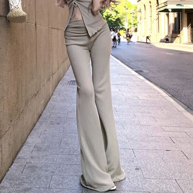 Flared Asymmetrical Pants Top High / Plain Waist Strapless Side-Slit Drawstring