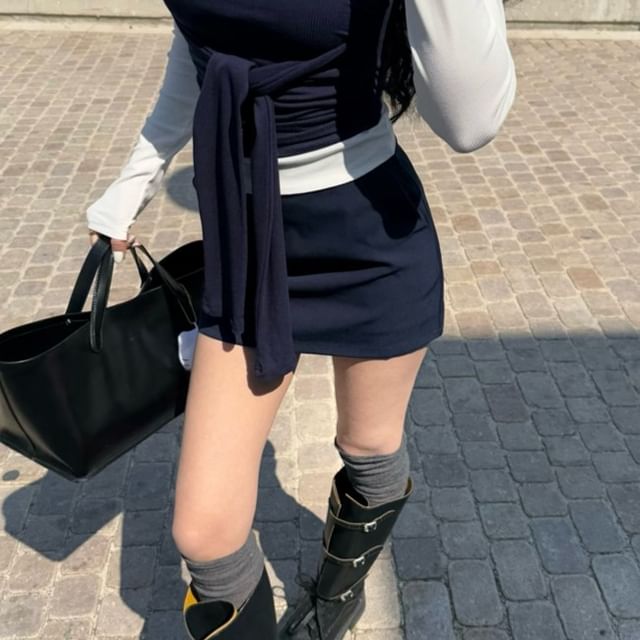 Tee Long-Sleeve Plain Collar Contrast High / Tube Pencil Mini Tie-Front Skirt Waist Top Trim