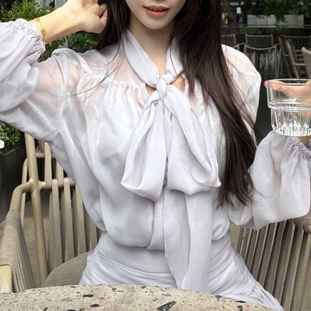 Puff-Sleeve A-Line Rise Blouse Tie-Neck Set Plain Cami / High Skirt Top Mini