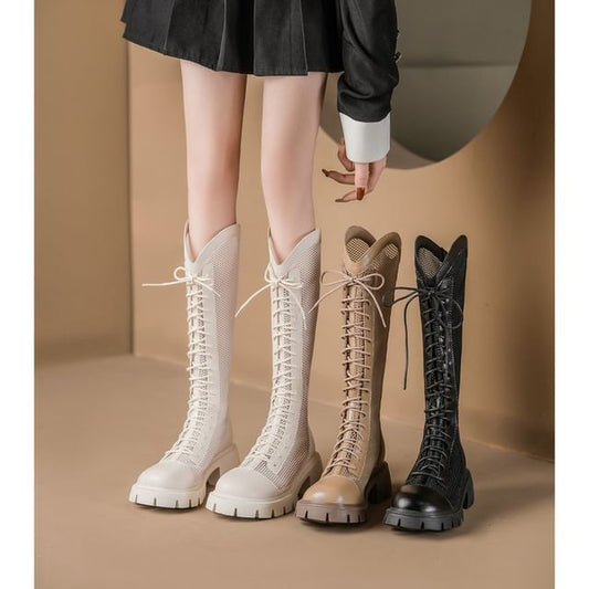 Lace-Up Mesh Boots Panel Platform Tall