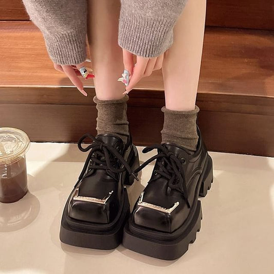 Leather Metal Platform Faux Accent Lace-Up Toe Square Shoes