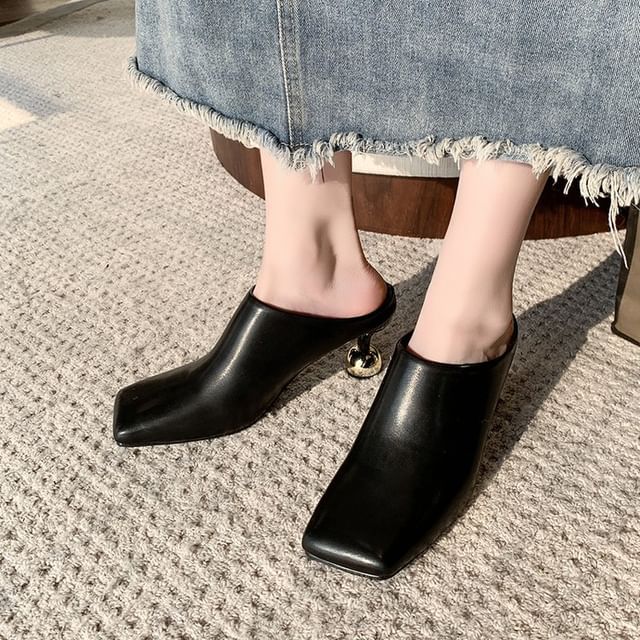 Leather High Heel Mules Square Plain Faux Toe