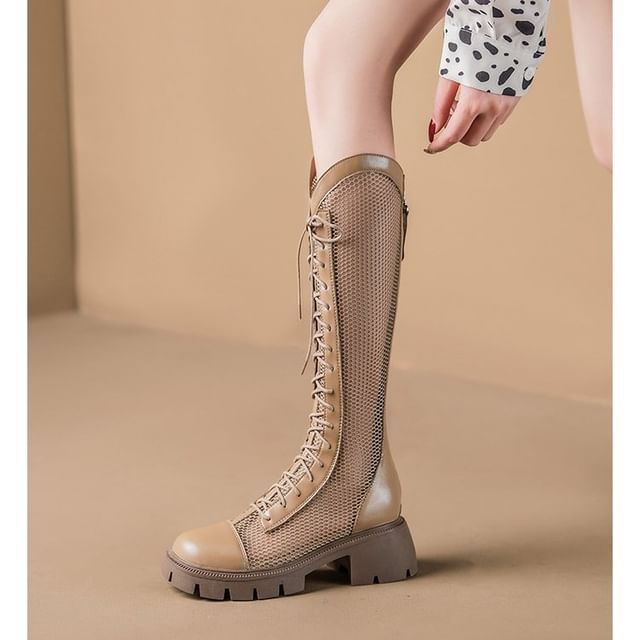 Lace-Up Mesh Boots Panel Platform Tall