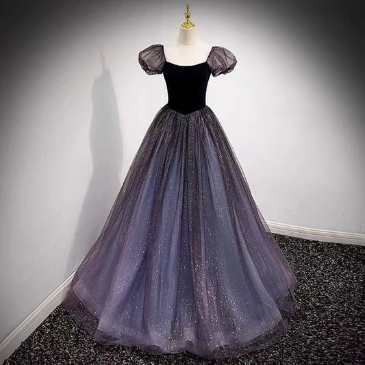 Short Sleeve Scoop Neck Glitter Two Tone Evening Ball Gown