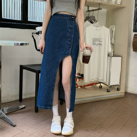 Asymmetrical Washed Rise High Skirt Denim Midi Pencil