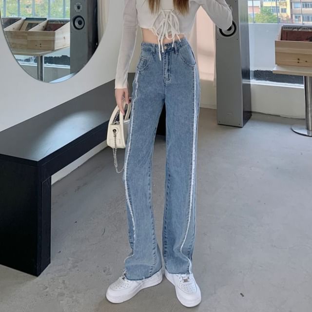 Jeans Fray Leg Panel Wide High Washed Rise