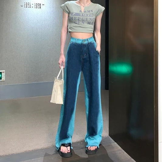 Rise Leg Jeans Wide High Washed Fray