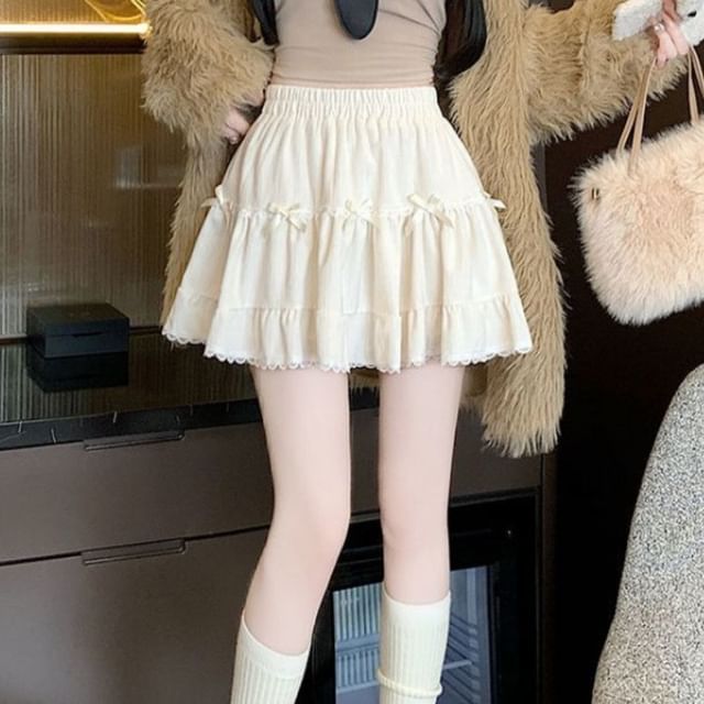 Ruffle Bow A-Line Plain Waist Mini Skirt Elastic