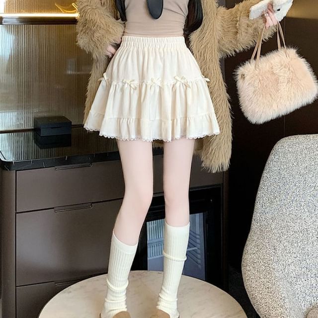 Ruffle Bow A-Line Plain Waist Mini Skirt Elastic