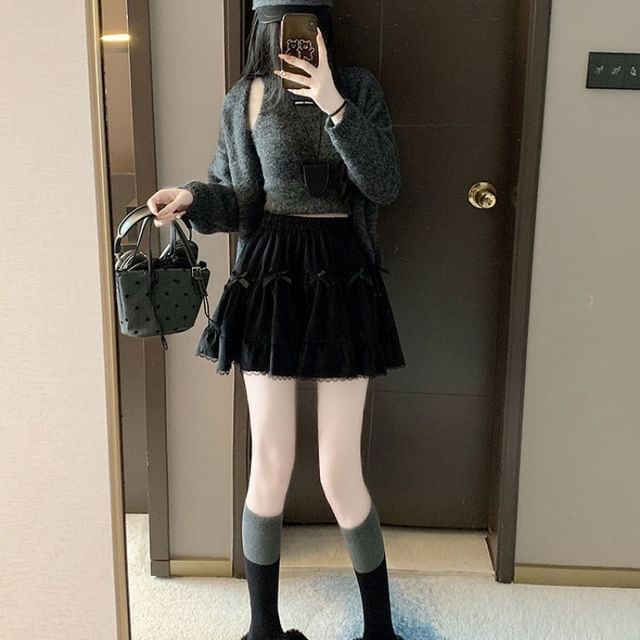 Ruffle Bow A-Line Plain Waist Mini Skirt Elastic