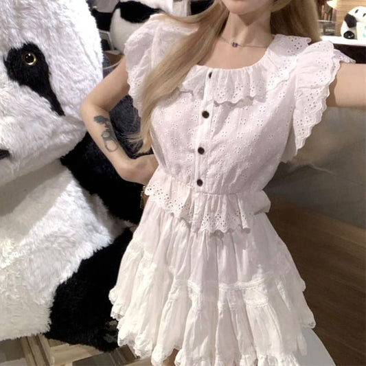 Embroidered Waist A-Line Blouse Mini Plain Trim High Skirt Cap-Sleeve Flower Lace /