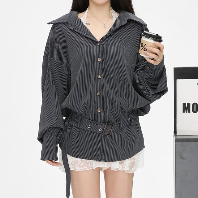 Top Pocket Plain Shirt / Front Trim Lace Camisole Oversized Striped Long-Sleeve