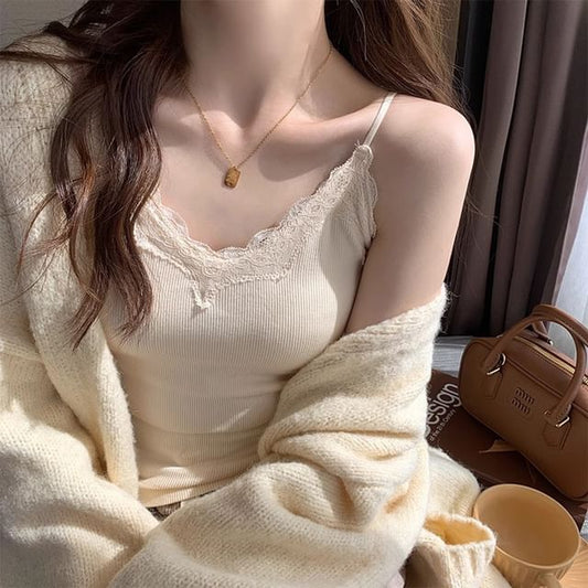 Trim Plain Top Camisole Padded Lace Ribbed