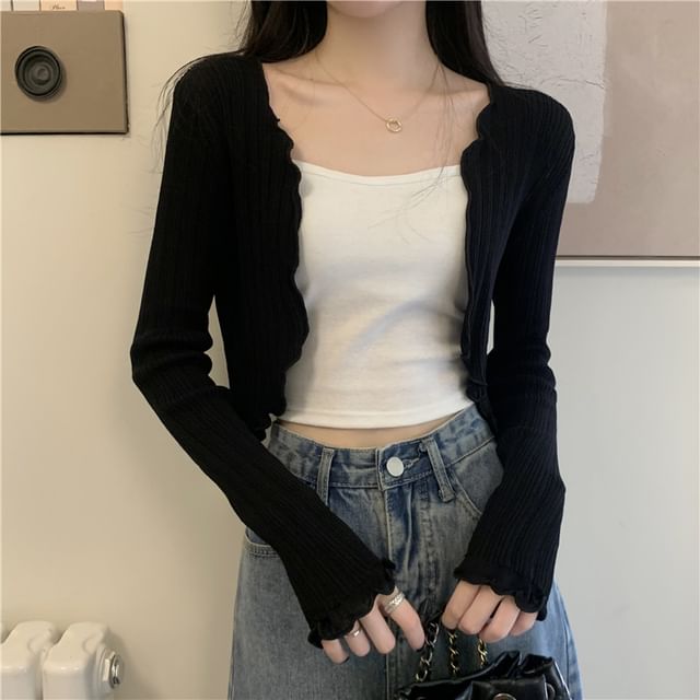 Crop Open Lettuce Front Plain Edge Cardigan