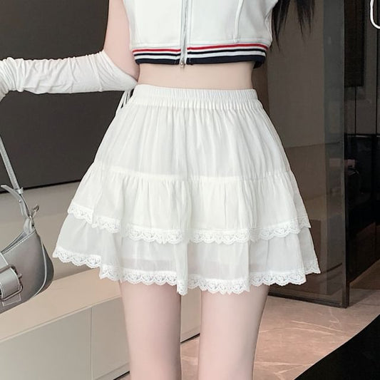 Balletcore Trim Tiered Mini Elastic Skirt Waist Lace Plain A-Line