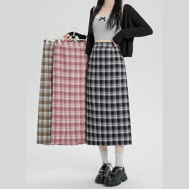 Skirt H-Line Midi Waist High Plaid Slit