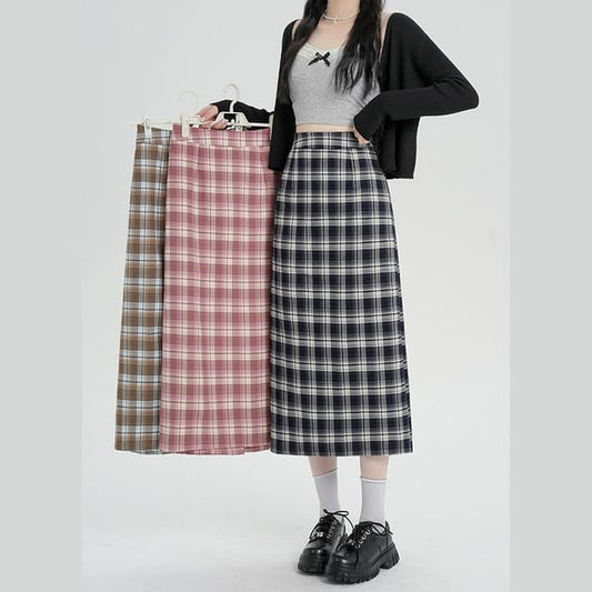 Skirt H-Line Midi Waist High Plaid Slit