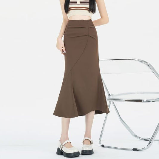 Midi Skirt Waist Fishtail Ruched High Plain