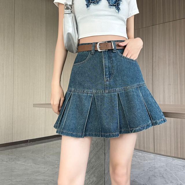 Pleated Mini Denim High Rise A-Line Skirt