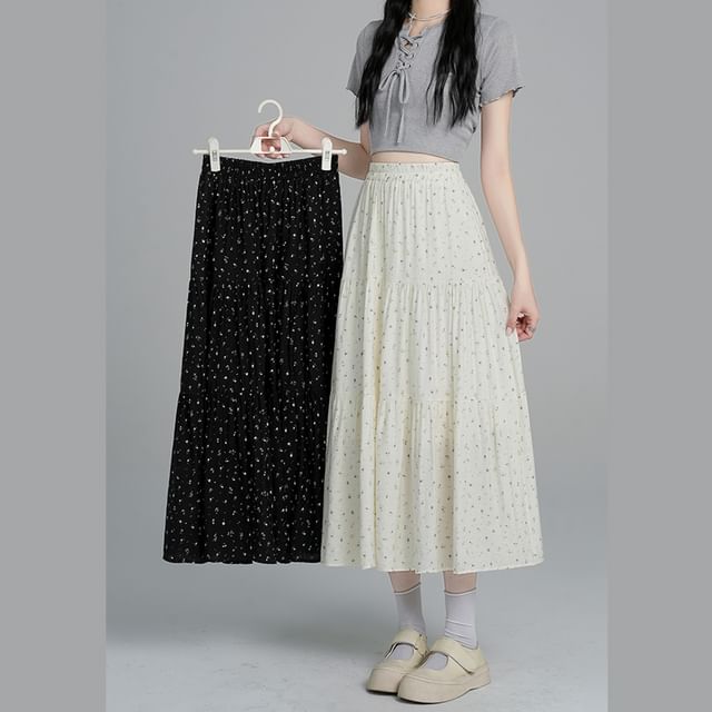 Waist Tiered A-Line Floral Midi Skirt Elastic