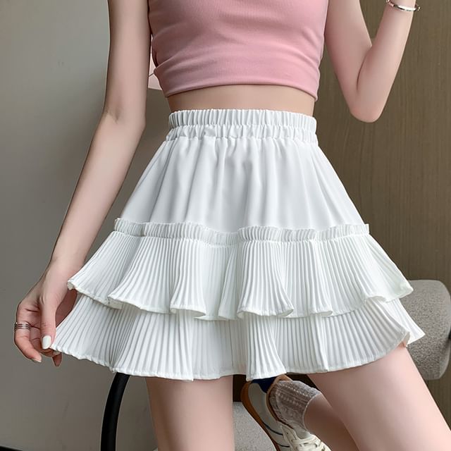 Elastic Mini Accordion A-Line Plain Tiered Waist Skirt Pleated