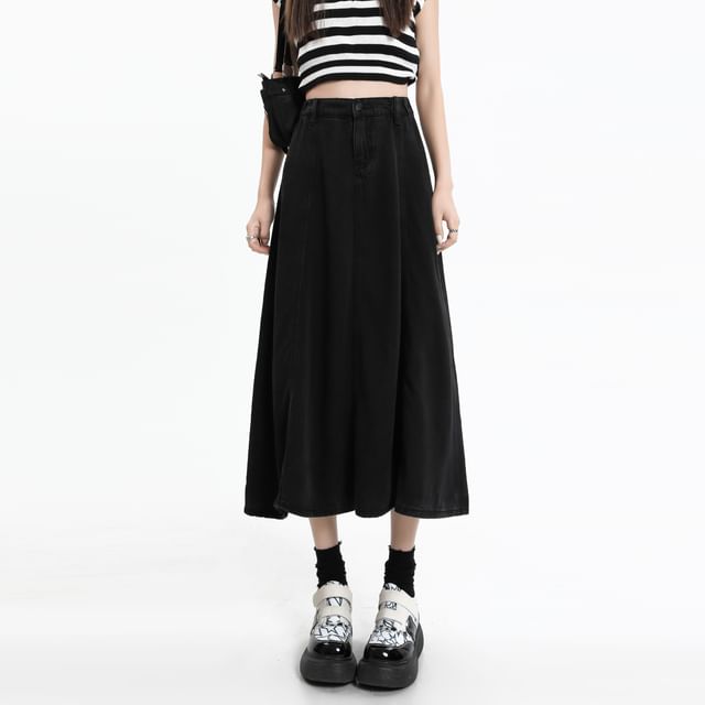Midi A-Line Skirt High Plain Denim Rise