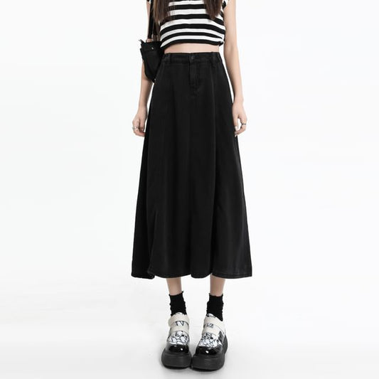 Midi A-Line Skirt High Plain Denim Rise