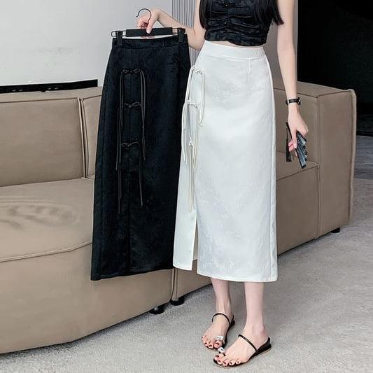 Floral High Skirt Waist Jacquard Slit A-Line Frog Midi Button