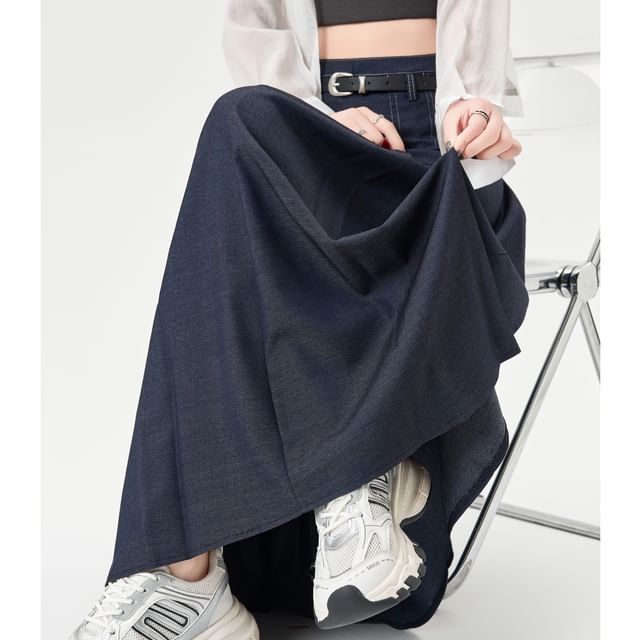 Waist Skirt Denim Midi A-Line High Pleated