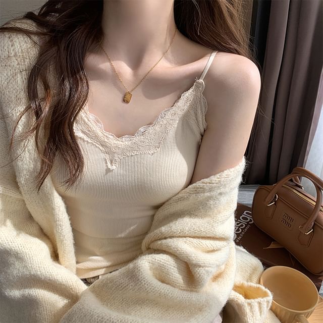 Trim Plain Top Camisole Padded Lace Ribbed