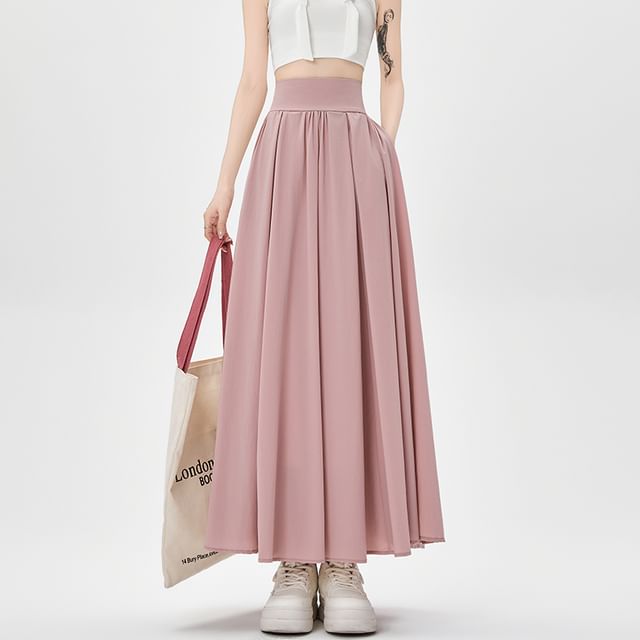 Plain Midi Waist Skirt Pleated A-Line High