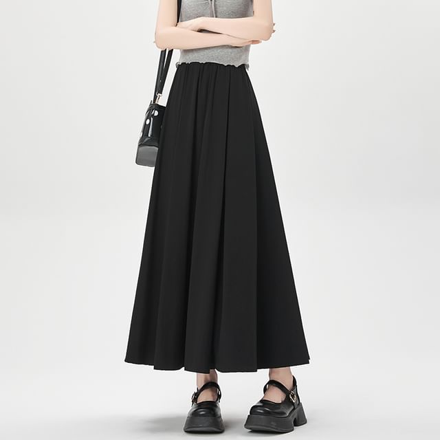 Plain Midi Waist Skirt Pleated A-Line High