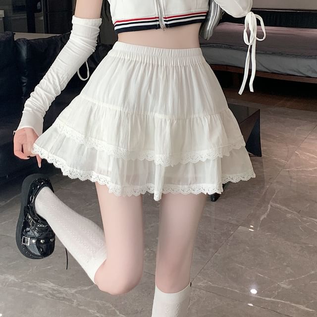 Balletcore Trim Tiered Mini Elastic Skirt Waist Lace Plain A-Line