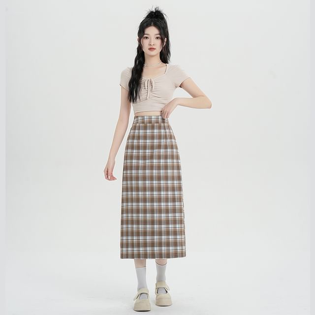 Skirt H-Line Midi Waist High Plaid Slit