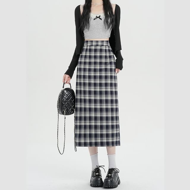 Skirt H-Line Midi Waist High Plaid Slit