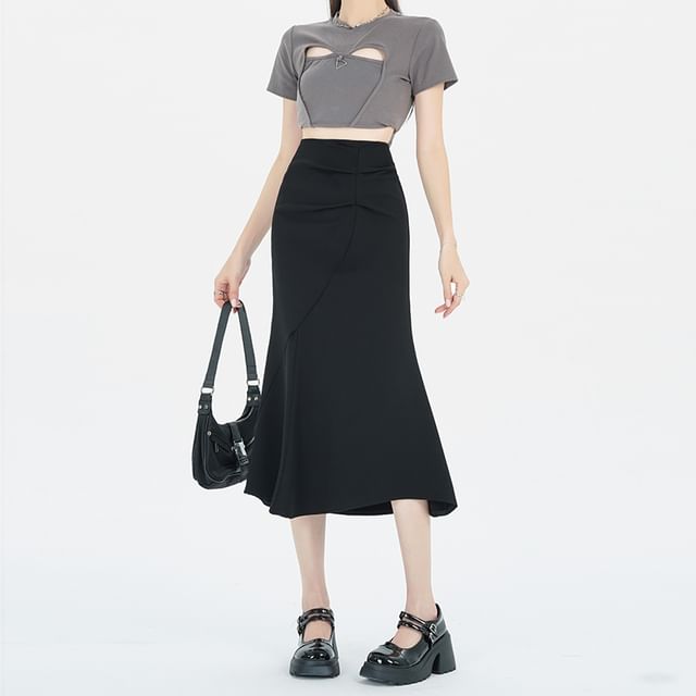 Midi Skirt Waist Fishtail Ruched High Plain