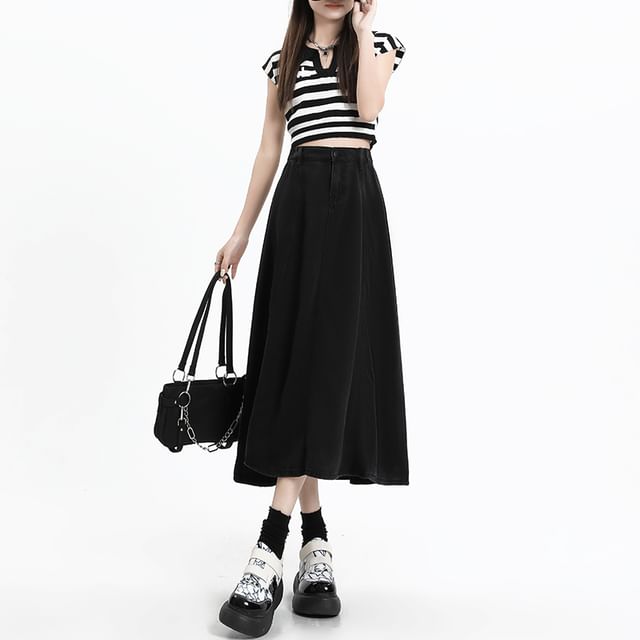 Midi A-Line Skirt High Plain Denim Rise