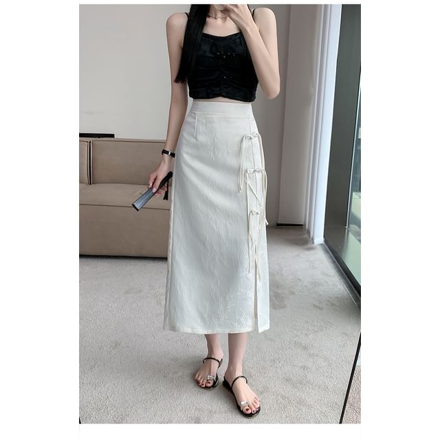 Floral High Skirt Waist Jacquard Slit A-Line Frog Midi Button