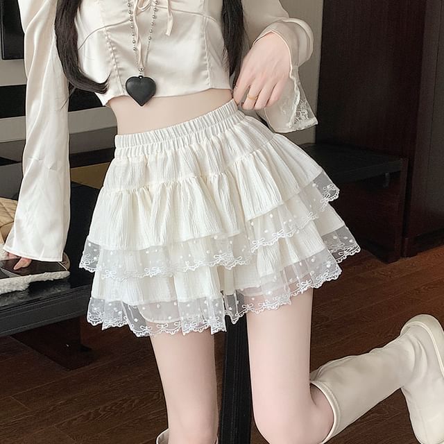 Skirt Elastic A-Line Mini Tiered Trim Waist Plain Lace