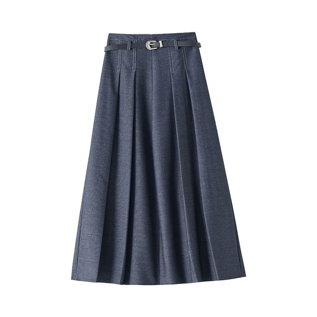 Waist Skirt Denim Midi A-Line High Pleated