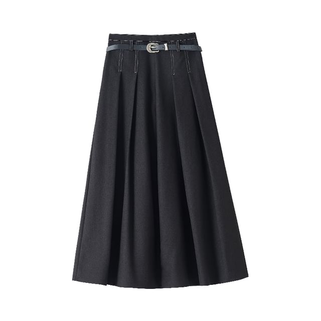 Waist Skirt Denim Midi A-Line High Pleated