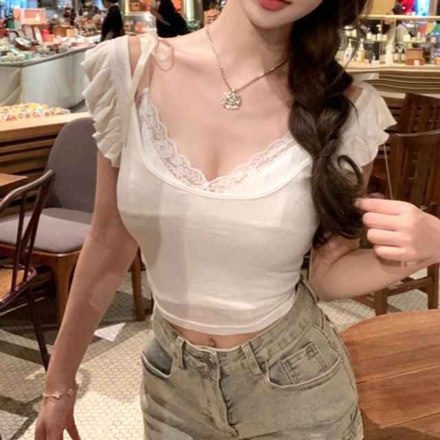 Tee / Cap-Sleeve Plain Cropped Neck Lace Trim Top V-Neck Scoop Cami Ruffle