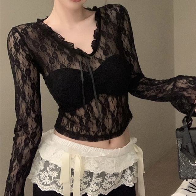 V-Neck Long Sleeve Floral Crop Top Lace See-Through