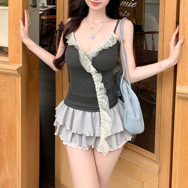 Ruffle Panel Camisole V-Neck Top