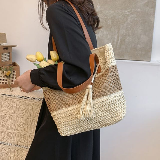 Two-Tone Woven Tote Bag Tassel