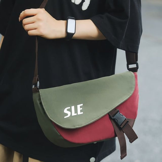 Two-Tone Crossbody Lettering Bag Buckled Flap